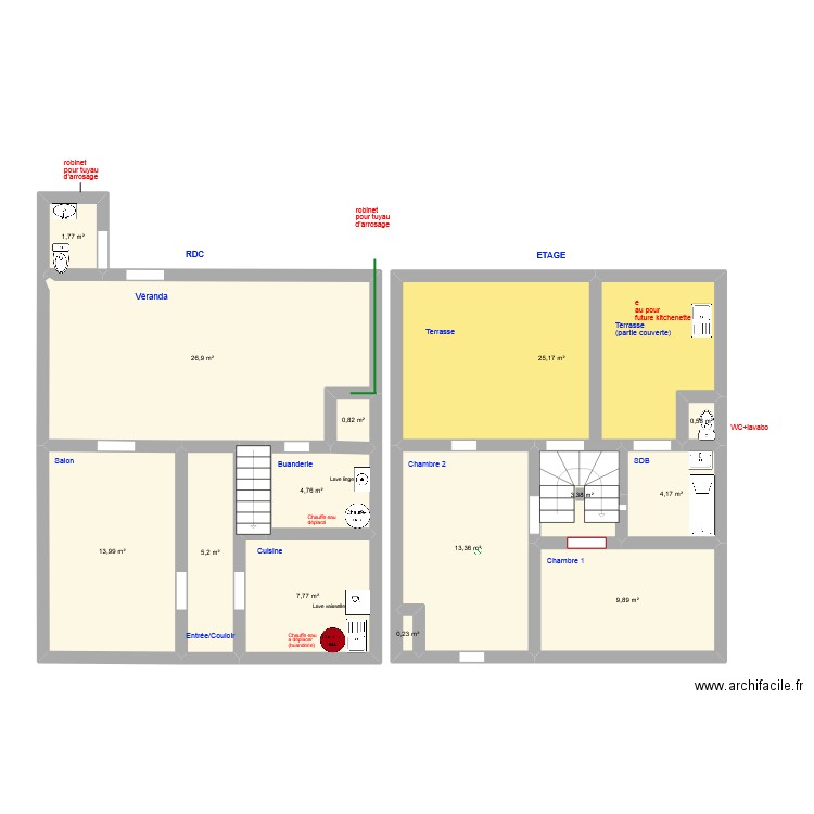 MAISON - plomberie. Plan de 14 pièces et 118 m2