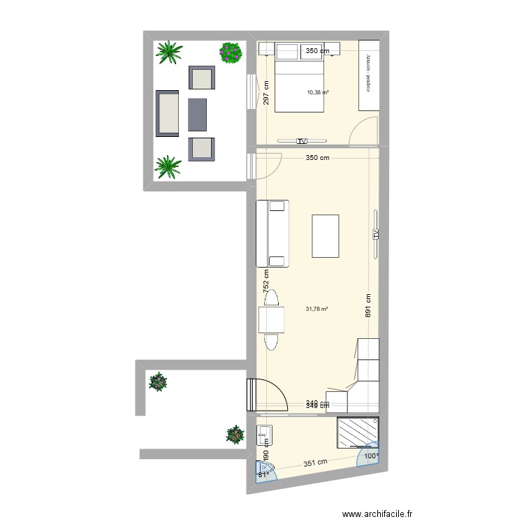 T1 maison Tunis. Plan de 2 pièces et 42 m2