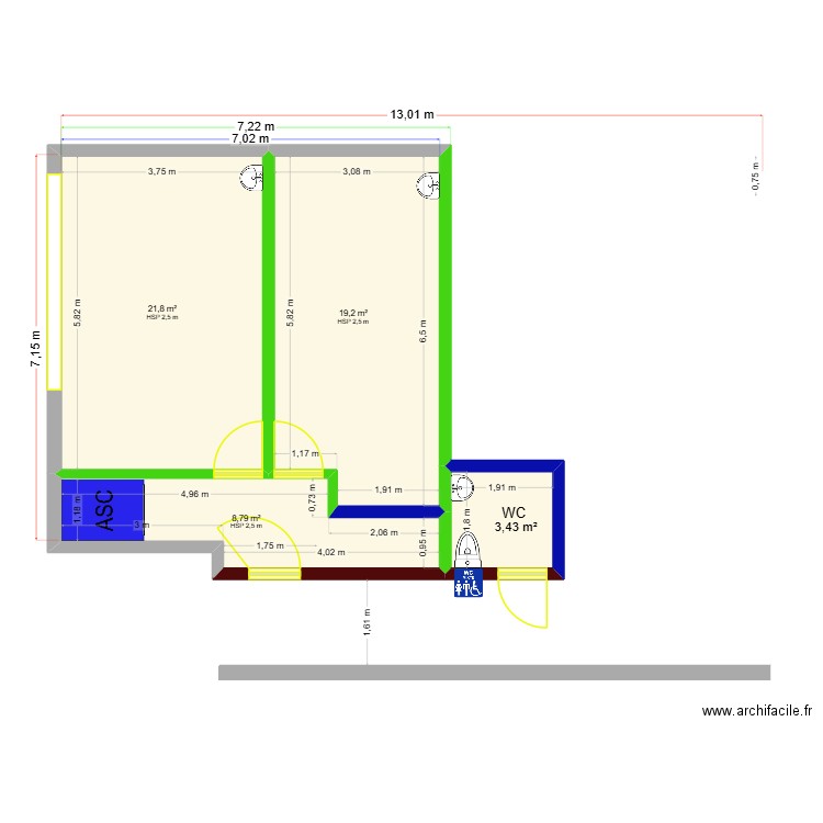 LOCAL SALERNES RDC 53.20m². Plan de 4 pièces et 53 m2