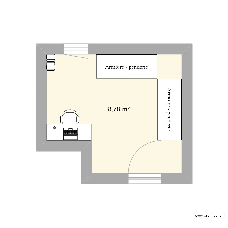 dressing et bureau. Plan de 1 pièce et 9 m2