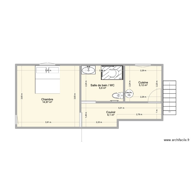 Douche. Plan de 4 pièces et 32 m2