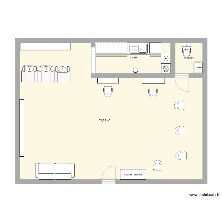 salon. Plan de 3 pièces et 82 m2
