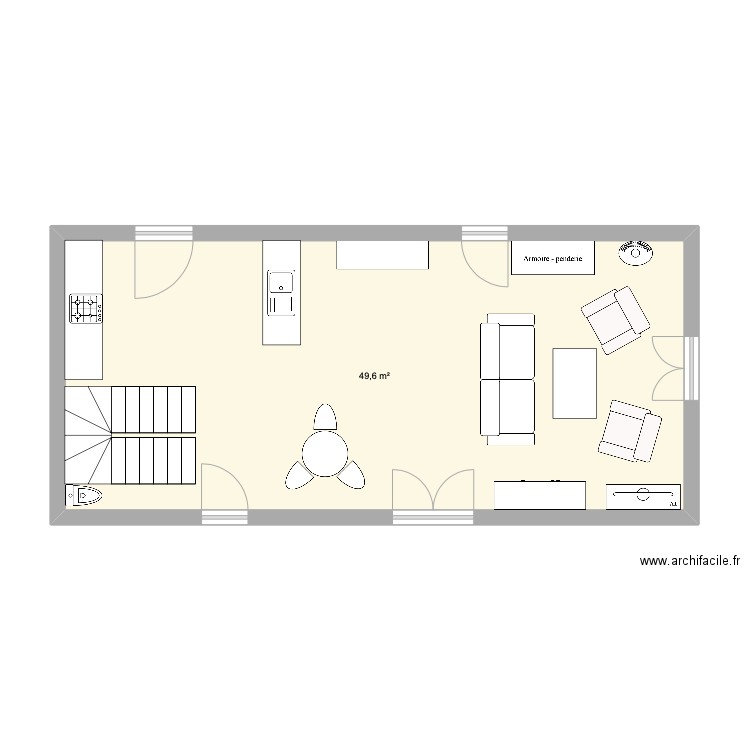 rdc. Plan de 1 pièce et 50 m2