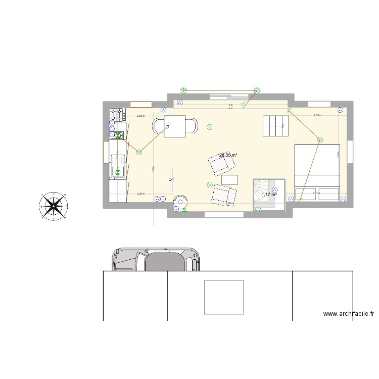 Atelier Théodore. Plan de 4 pièces et 42 m2