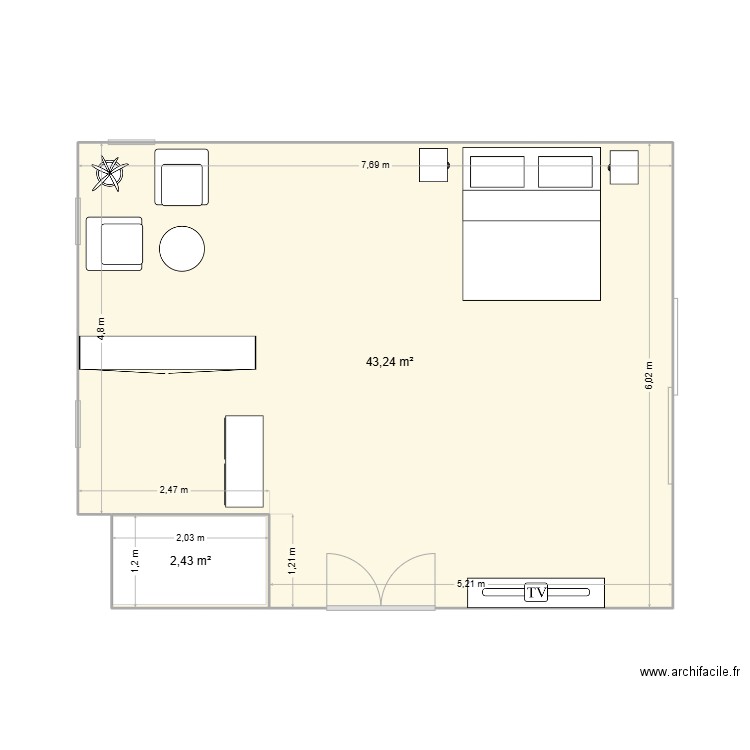 Chambre des maîtres. Plan de 2 pièces et 46 m2