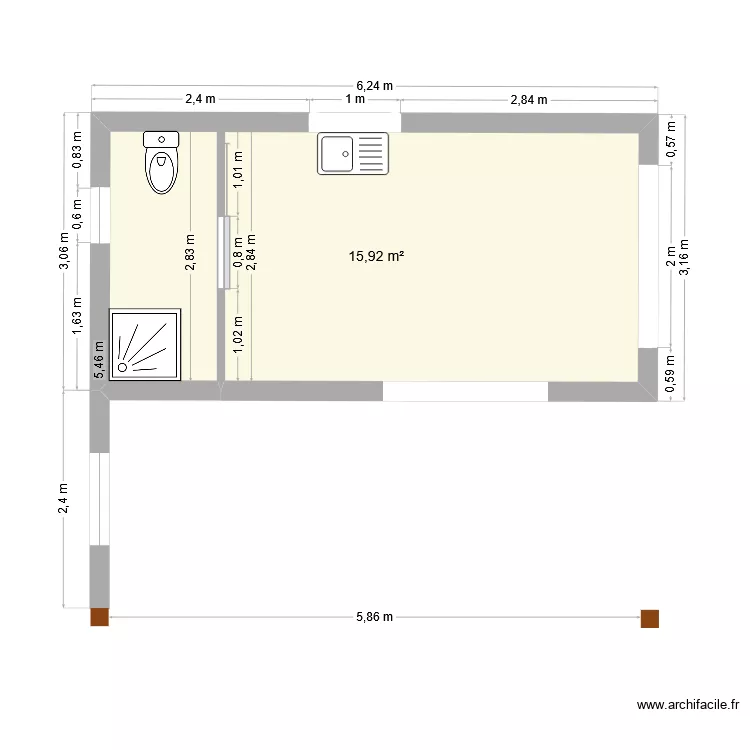 jaqueline. Plan de 1 Pièce et 16 m²