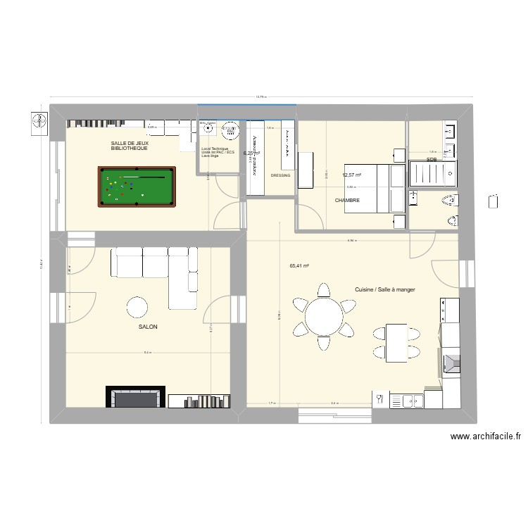 Projection 104 B coté inter-exter + local tech 21/03/25. Plan de 4 pièces et 113 m2