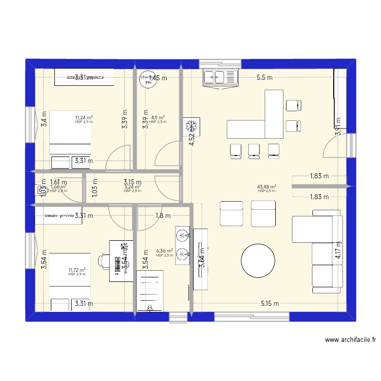 Ardillères. Plan de 7 pièces et 83 m2