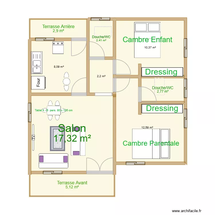 PLAN DE MAISON 2 CAMBRES SALON. Plan de 9  et 64 m²