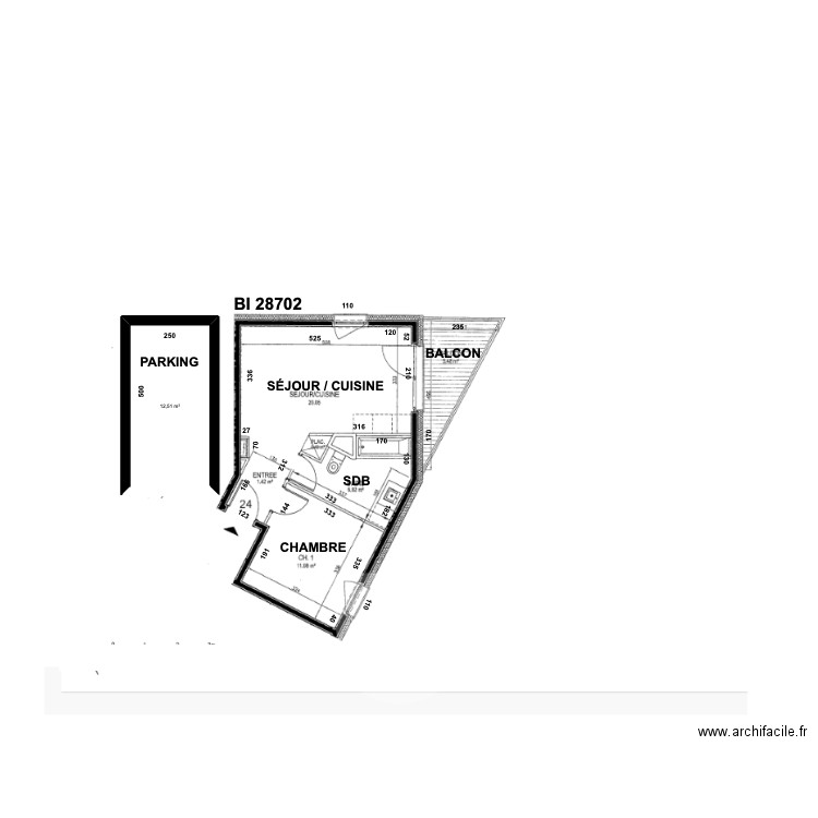 BI 28702. Plan de 1 pièce et 13 m2