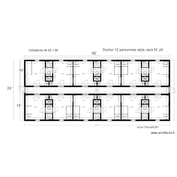 DORTOIR 12 Jack-n-Jill. Plan de 23 pièces et 151 m2