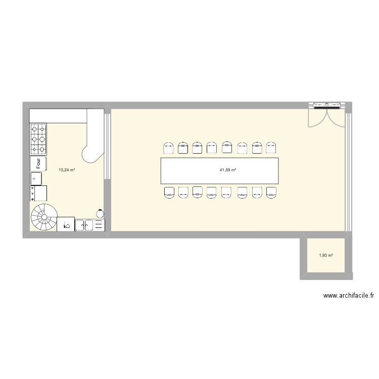 cuisine. Plan de 3 pièces et 57 m2