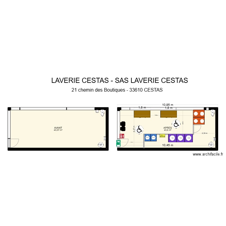 LAVERIE CESTAS (avant / après). Plan de 2 pièces et 87 m2