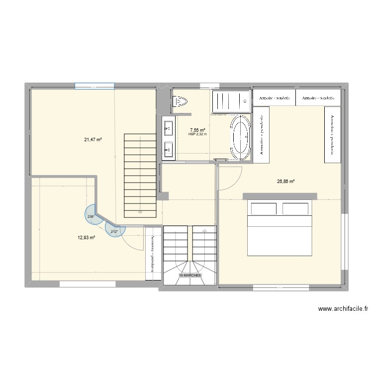 Chambre. Plan de 5 pièces et 73 m2