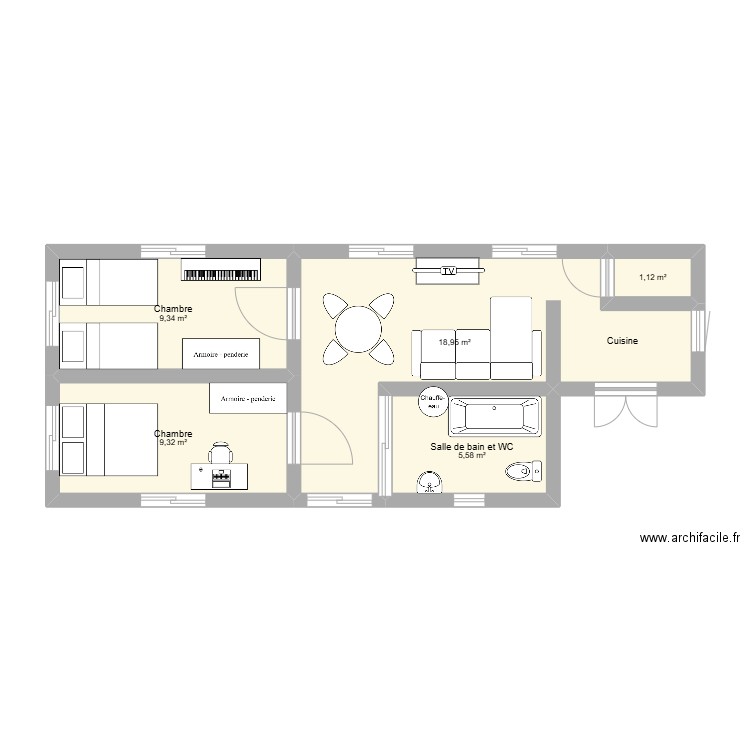 1ere etage. Plan de 5 pièces et 44 m2