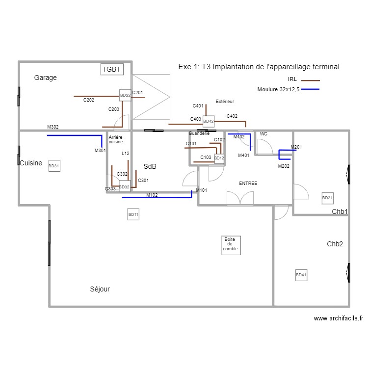 B1M2Op02-02Exe1T3Implantation. Plan de 9 pièces et 171 m2