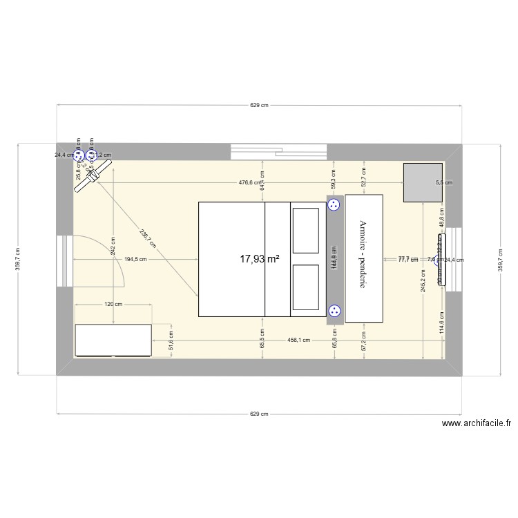 avec cotations. Plan de 1 pièce et 18 m2