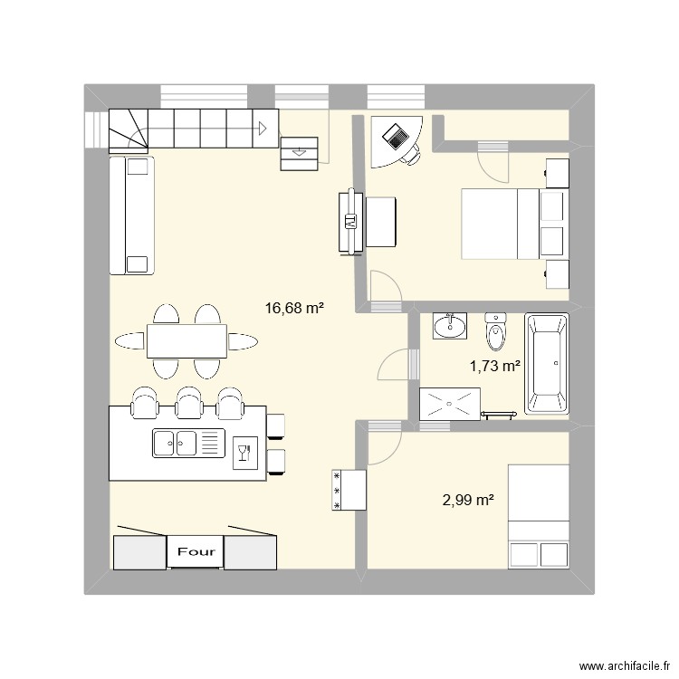 1425 Colomb. Plan de 3 pièces et 21 m2