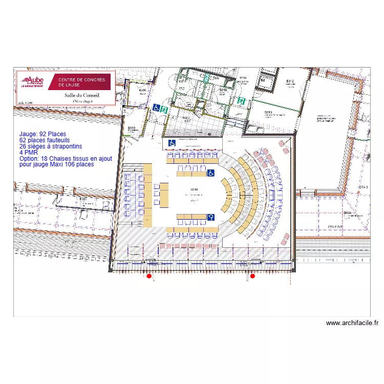 Salle du Conseil jauge maxi avec chaises 106 places. Plan de 