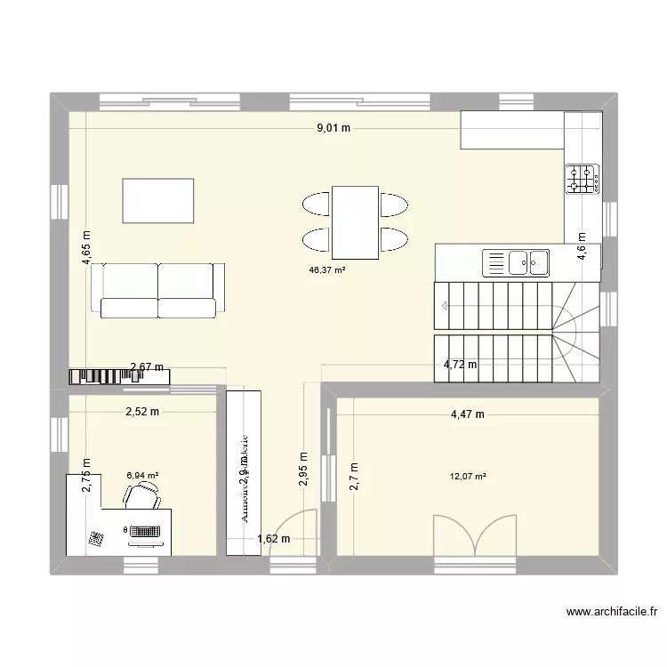 RDC. Plan de 3  et 65 m²