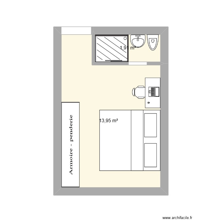 Chambre principale. Plan de 2 pièces et 16 m2