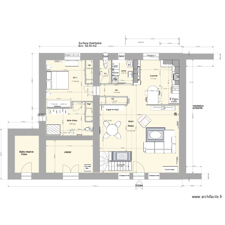 Loft Agrandissement R de C+1m:. Plan de 2 pièces et 118 m2