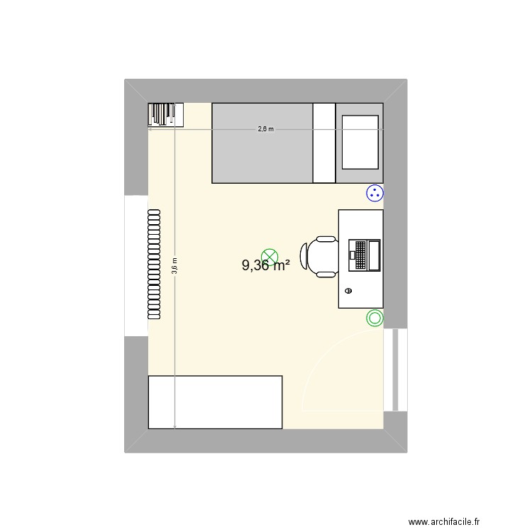 Chambre L 2. Plan de 1 pièce et 9 m2