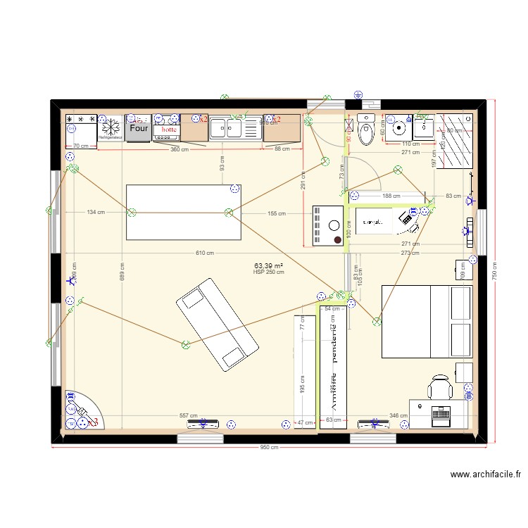  2024-01-28 Etage, pièces meublées et électricité. Plan de 1 pièce et 63 m2