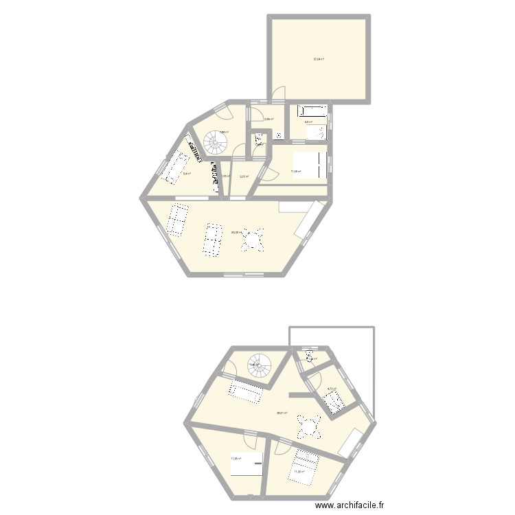 hexagone. Plan de 16 pièces et 168 m2