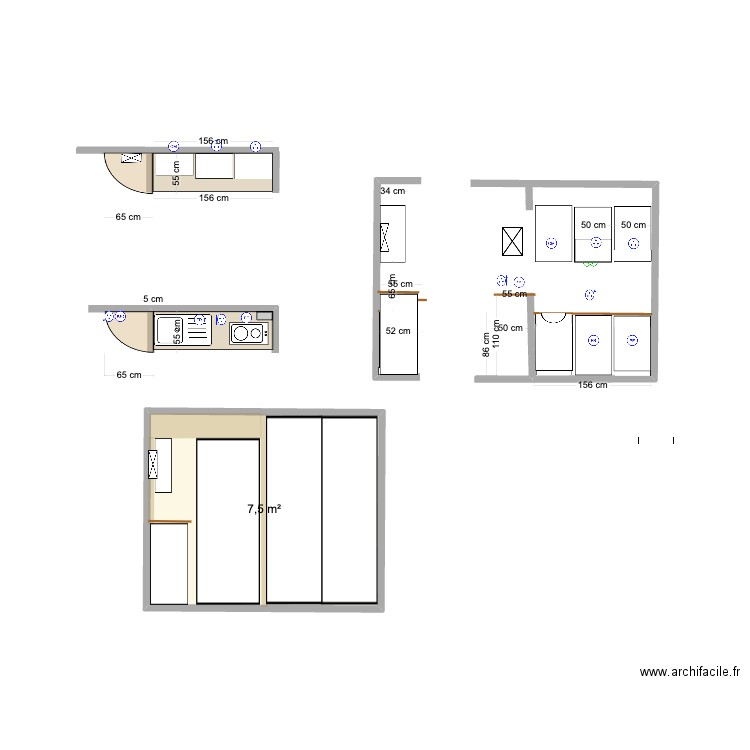 cuisine 26 et 5 . Plan de 1 pièce et 8 m2