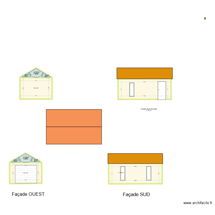 Plan de facade et toiture garage. Plan de 6 pièces et 40 m2