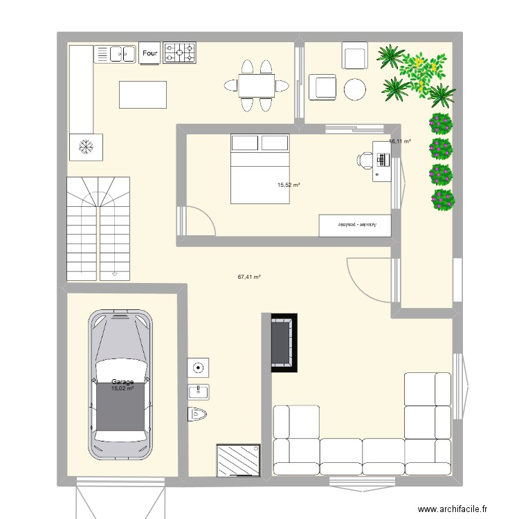 RDC. Plan de 4 pièces et 114 m2