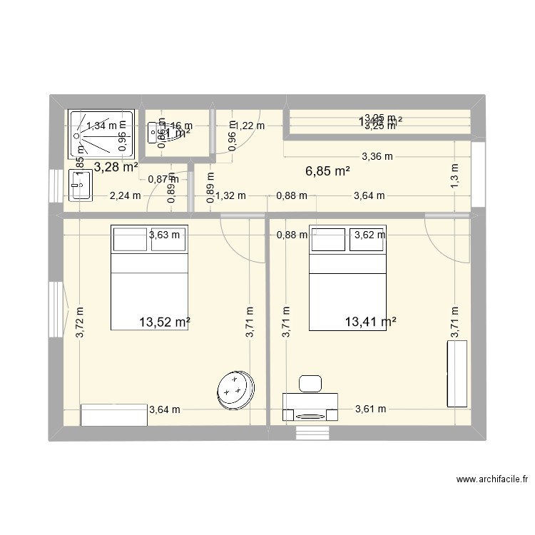 plan71 +1. Plan de 6 pièces et 40 m2