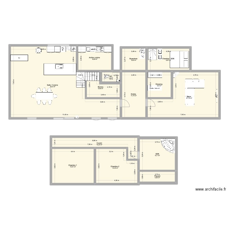 Travaux maison. Plan de 14 pièces et 198 m2