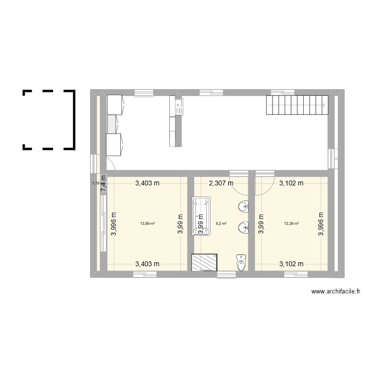 appart rivière. Plan de 4 pièces et 36 m2