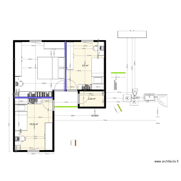 test 2. Plan de 3 pièces et 22 m2