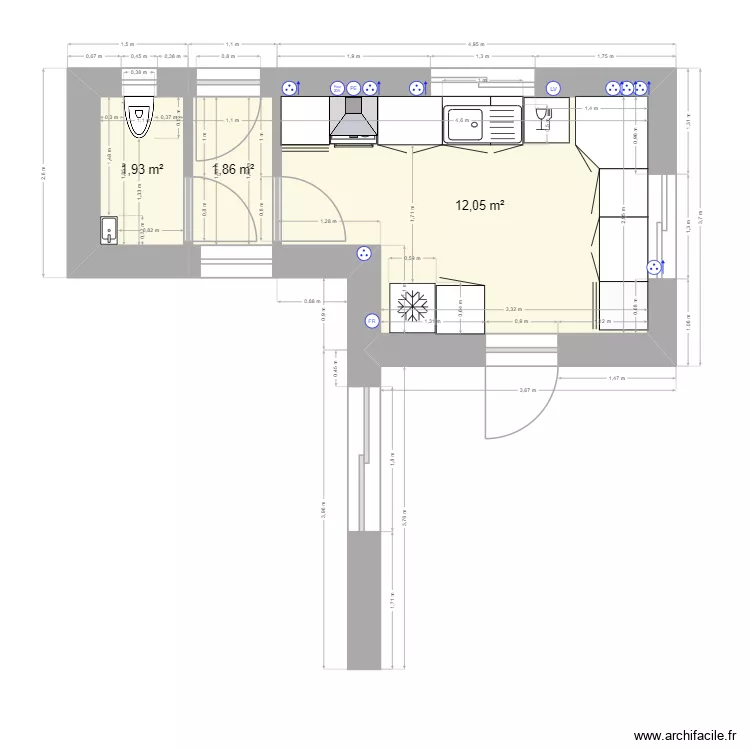 plan en L - Elec et eau. Plan de 3  et 16 m²