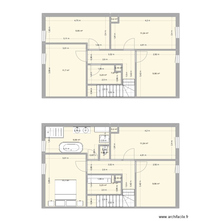 Plan du haut V1 travaux. Plan de 17 pièces et 109 m2
