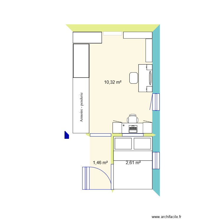 chambre KL. Plan de 3 pièces et 14 m2