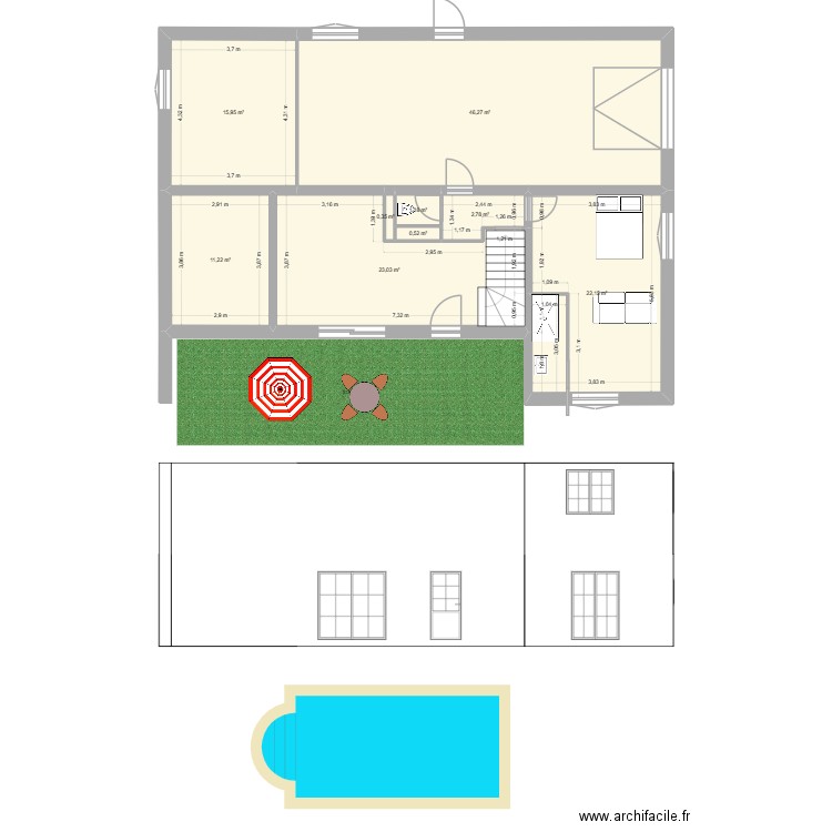 MAISON PERSO rdc modifié. Plan de 25 pièces et 268 m2