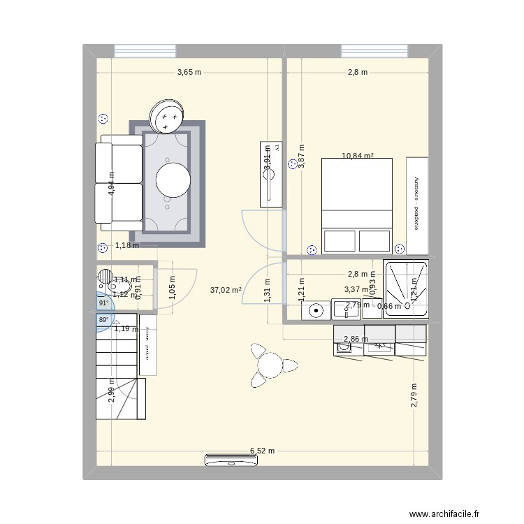 Combles V2. Plan de 3 pièces et 51 m2
