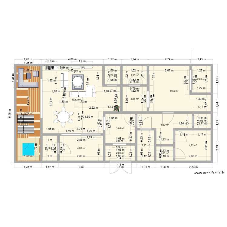 maison d'habitation. Plan de 16 pièces et 73 m2