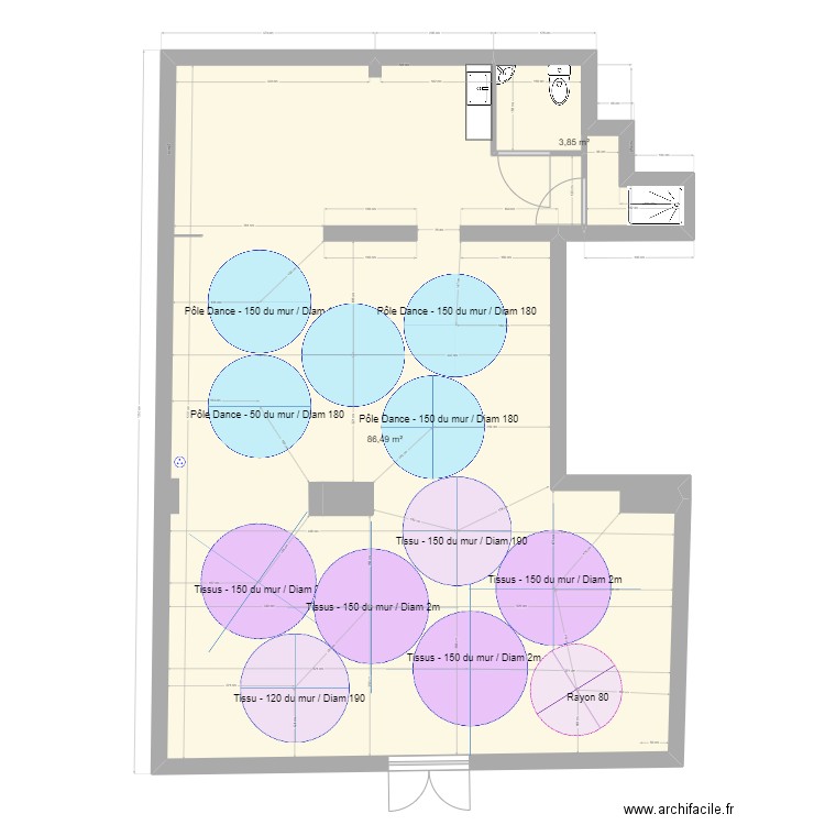 Pôle Dance - Carrelage. Plan de 2 pièces et 90 m2
