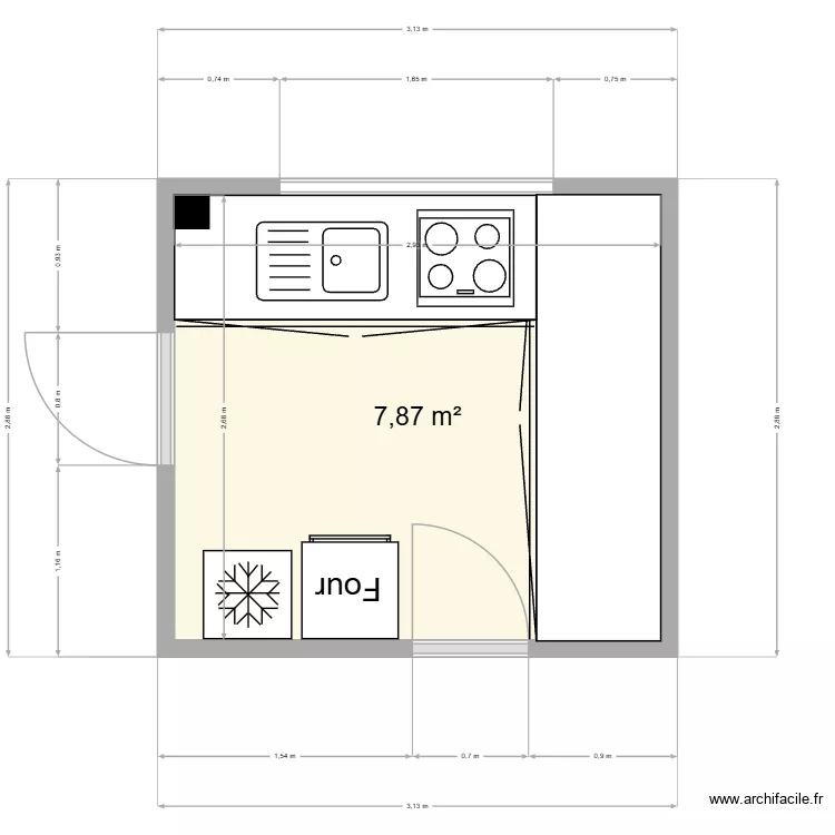 Cuisine nue. Plan de 1 Pièce et 8 m² Cuisine nue. Plan de 1 Pièce et 8 m²