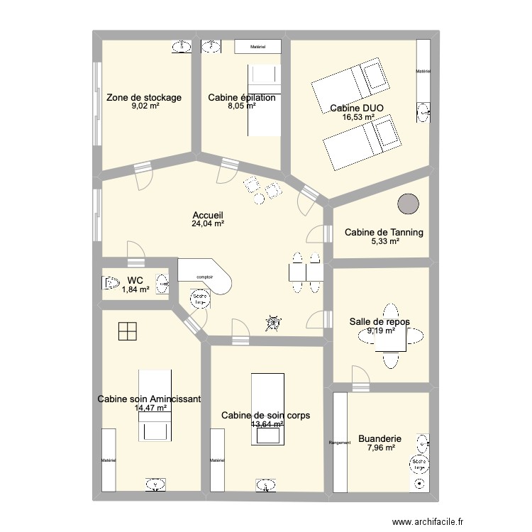 Plan institut de beauté ADY. Plan de 10 pièces et 110 m2
