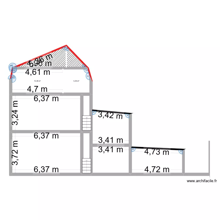 plan de coupe avant. Plan de 11  et 99 m²