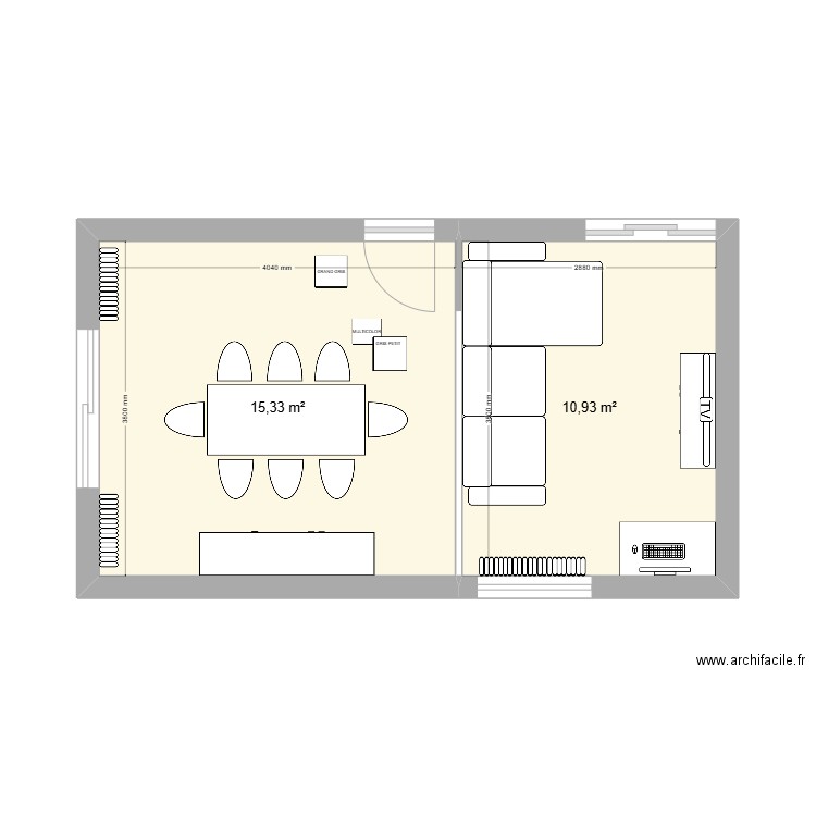 salon. Plan de 2 pièces et 26 m2