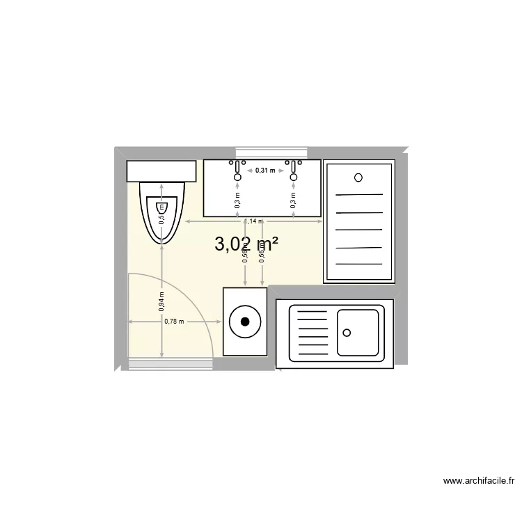 SDB estrapade. Plan de 1  et 3 m²