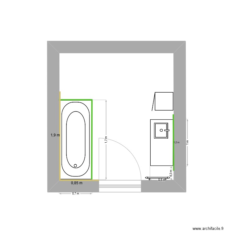 Carrelage SdB. Plan de 1 pièce et 7 m2