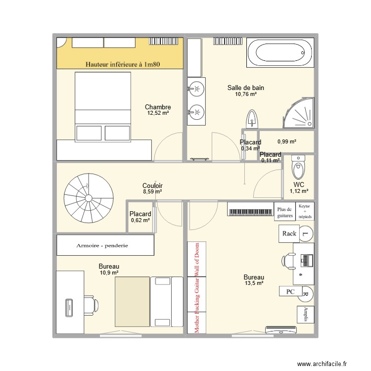 Maison Cognin étage. Plan de 10 pièces et 59 m2